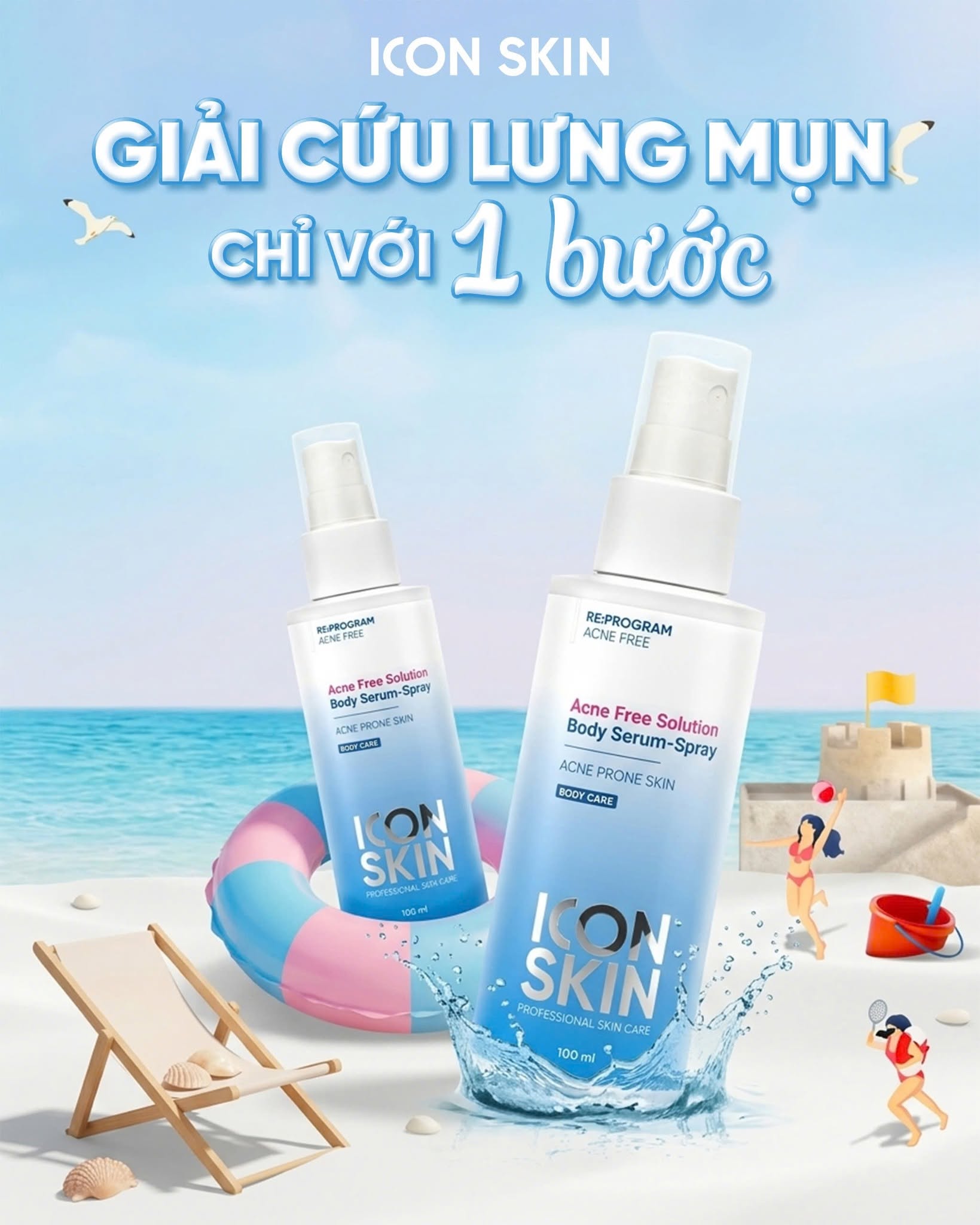 Xịt giảm mụn body cho da mụn Icon Skin Acne Free Solution Body Serum-Spray