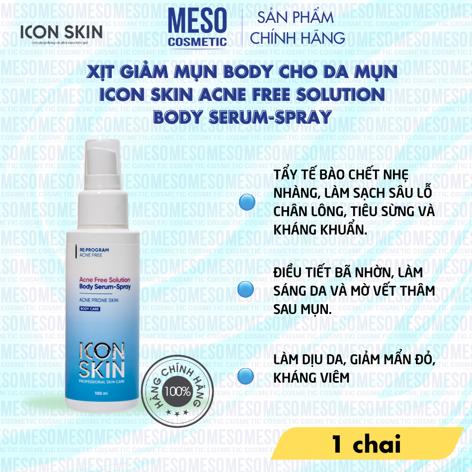 Xịt giảm mụn body cho da mụn Icon Skin Acne Free Solution Body Serum-Spray