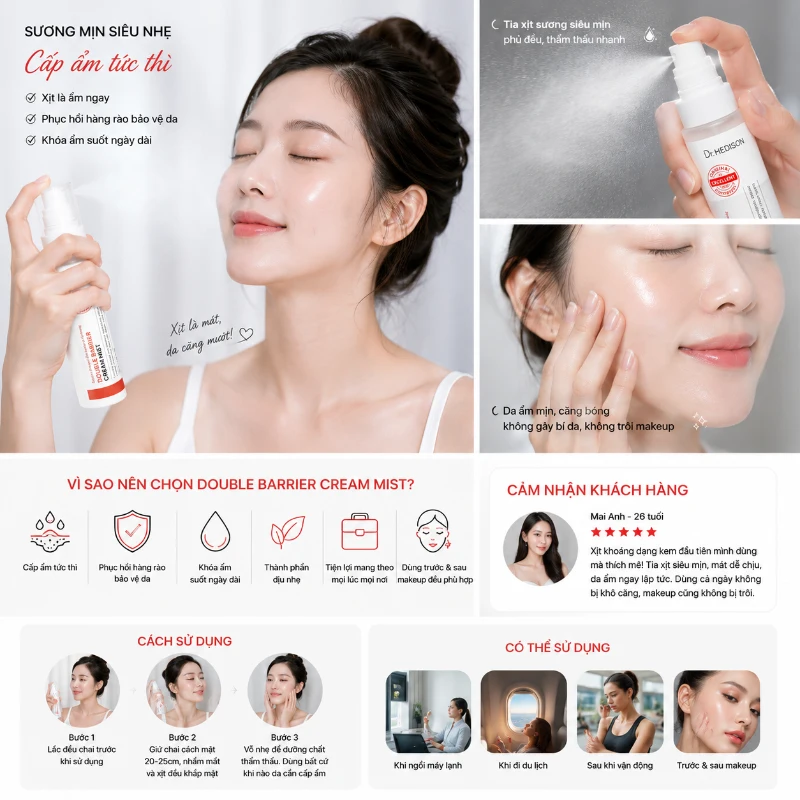 Xịt kem dưỡng ẩm Double Barrier Cream Mist Dr.Hedison 100ml - Phục hồi hàng rào bảo vệ da, cấp ẩm tức thì, khóa ẩm suốt ngày dài