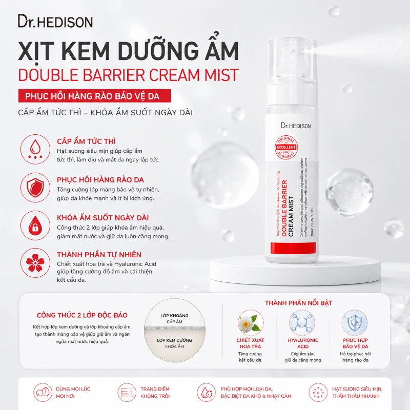 Xịt kem dưỡng ẩm Double Barrier Cream Mist Dr.Hedison 100ml - Phục hồi hàng rào bảo vệ da, cấp ẩm tức thì, khóa ẩm suốt ngày dài