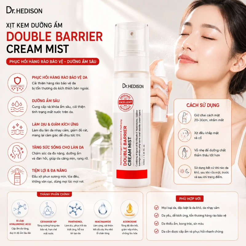Xịt kem dưỡng ẩm Double Barrier Cream Mist Dr.Hedison 100ml - Phục hồi hàng rào bảo vệ da, cấp ẩm tức thì, khóa ẩm suốt ngày dài