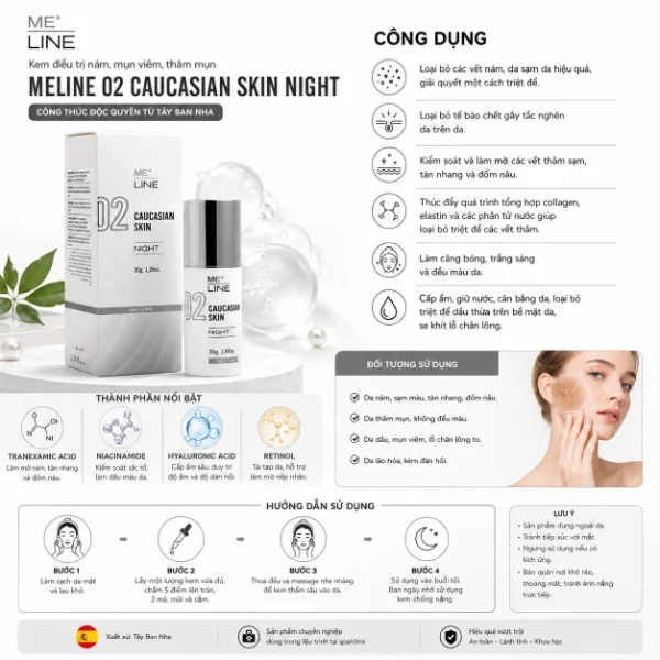 Kem điều trị nám, mụn viêm, thâm mụn Meline 02 Caucasian Skin Night 1.webp