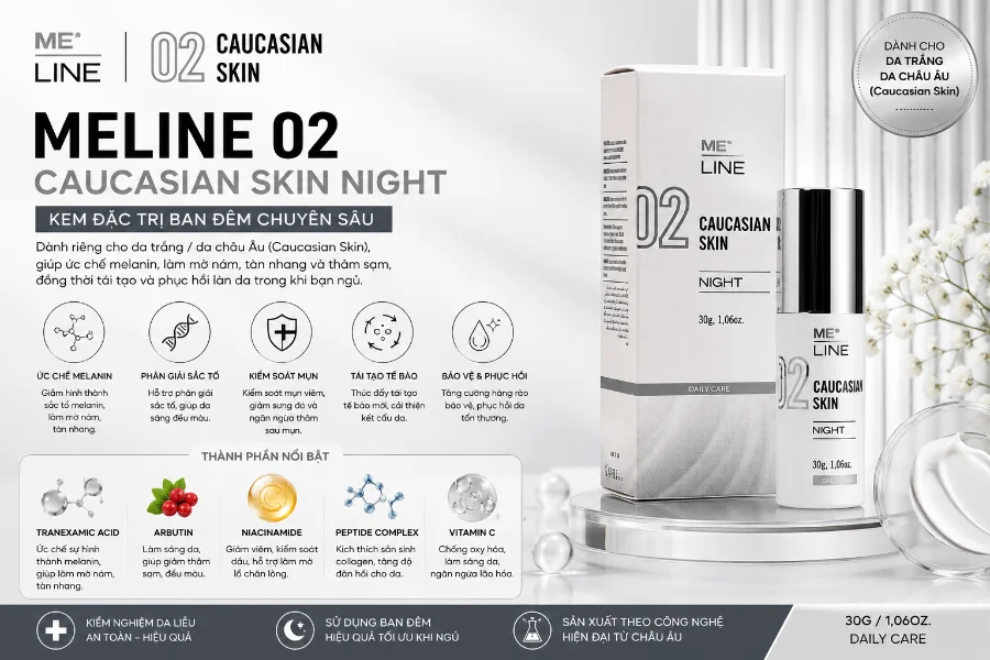 Kem điều trị nám, mụn viêm, thâm mụn Meline 02 Caucasian Skin Night 4.webp