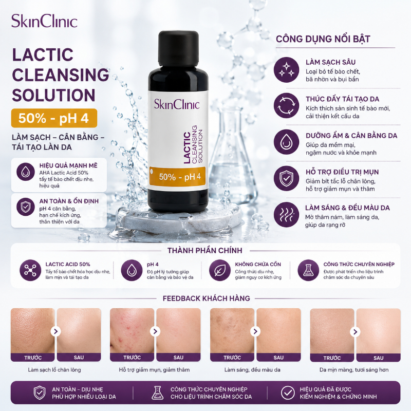 Tinh chất peel không bong làm sạch tế bào chết cải thiện tình trạng đỏ da SkinClinic Lactic Cleansing Solution 1.jpg