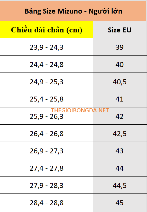 Bảng size giày đá bóng mizuno