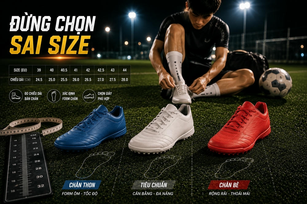 Cách chọn size và bảng size giày đá bóng Nike, Adidas, Mizuno