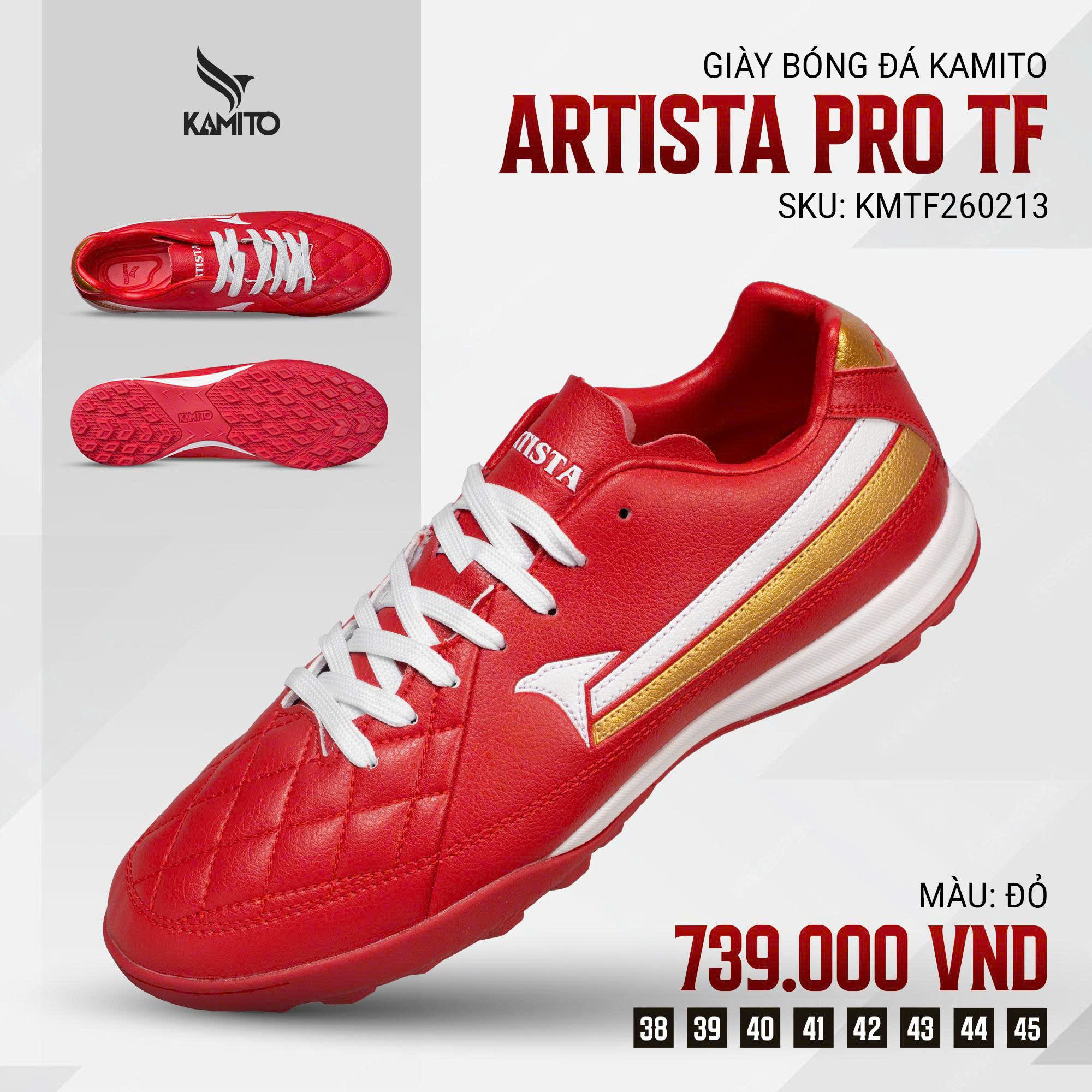 Giày đá bóng Kamito Artista Pro TF - Đỏ Đô