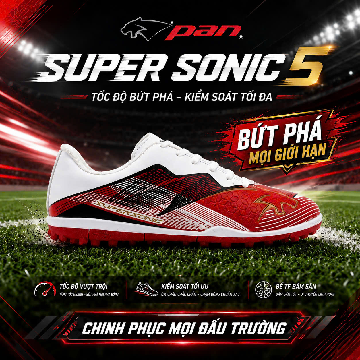 Giày Đá Bóng Pan Super Sonic 5 TF Đỏ Trắng
