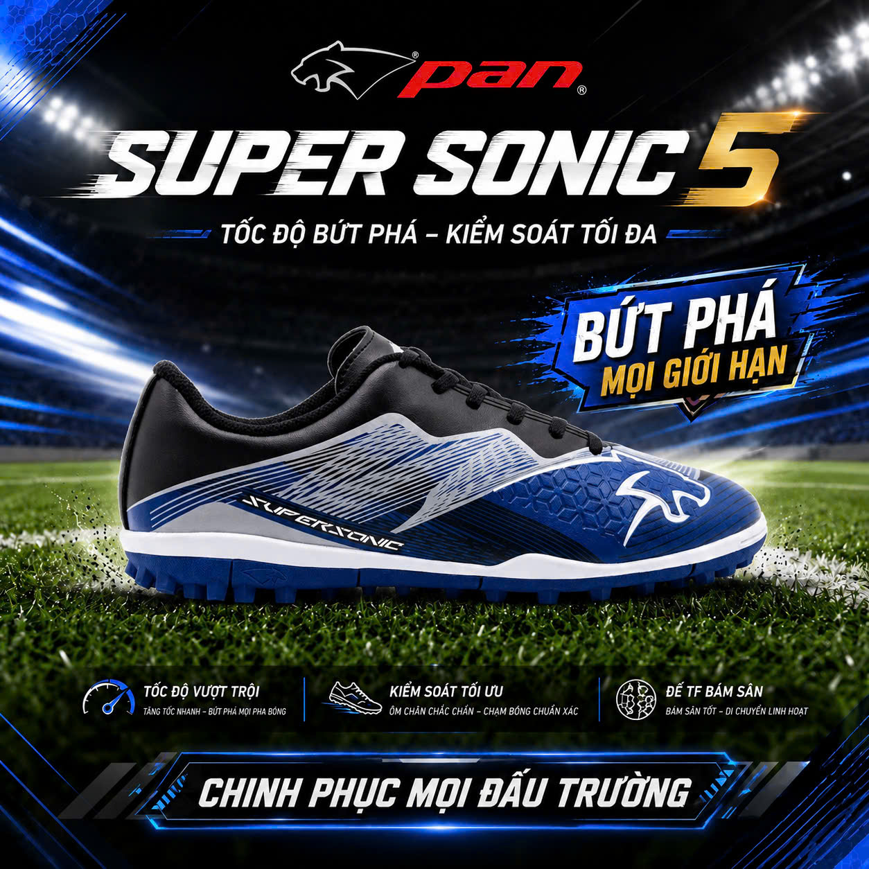Giày Đá Bóng Pan Super Sonic 5 TF Xanh Đen