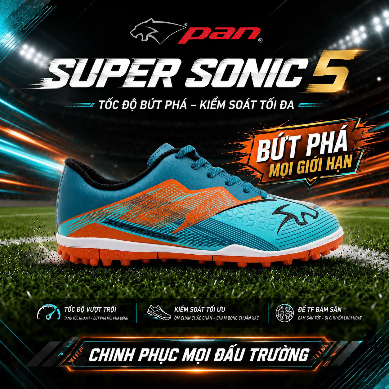 Giày Đá Bóng Pan Super Sonic 5 TF Xanh Cam