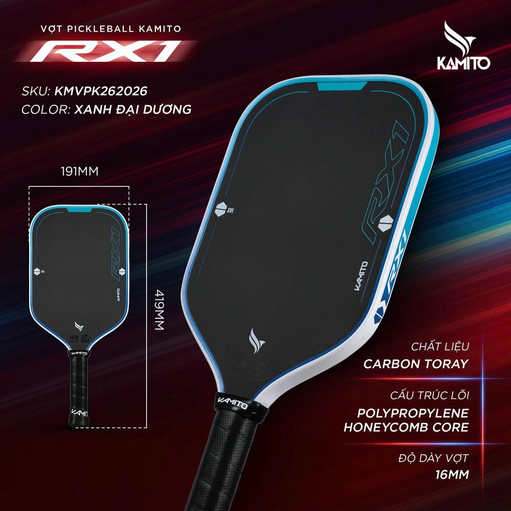 Vợt Pickleball Kamito RX1 16mm xanh đai dương