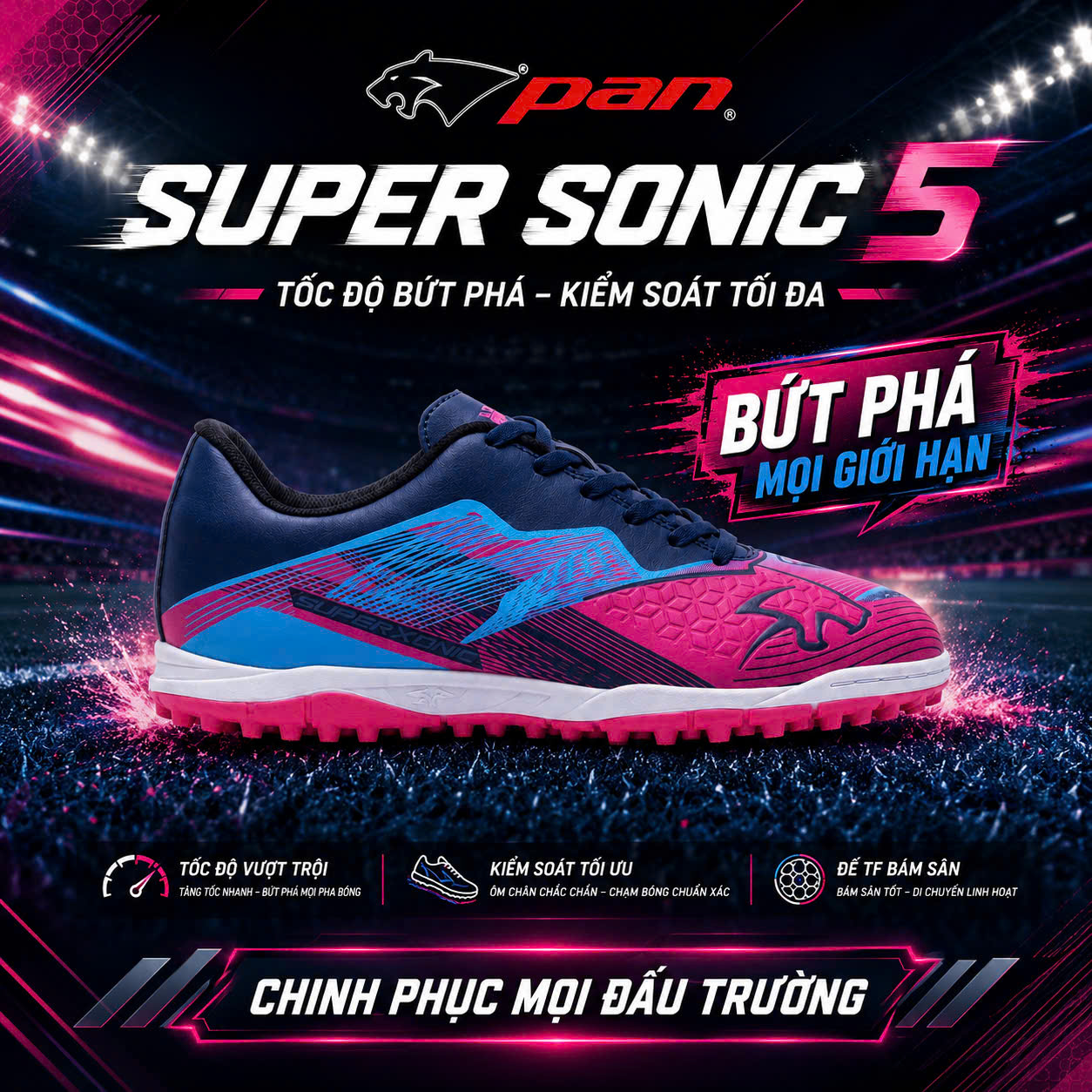 Giày Đá Bóng Pan Super Sonic 5 TF Hồng Xanh