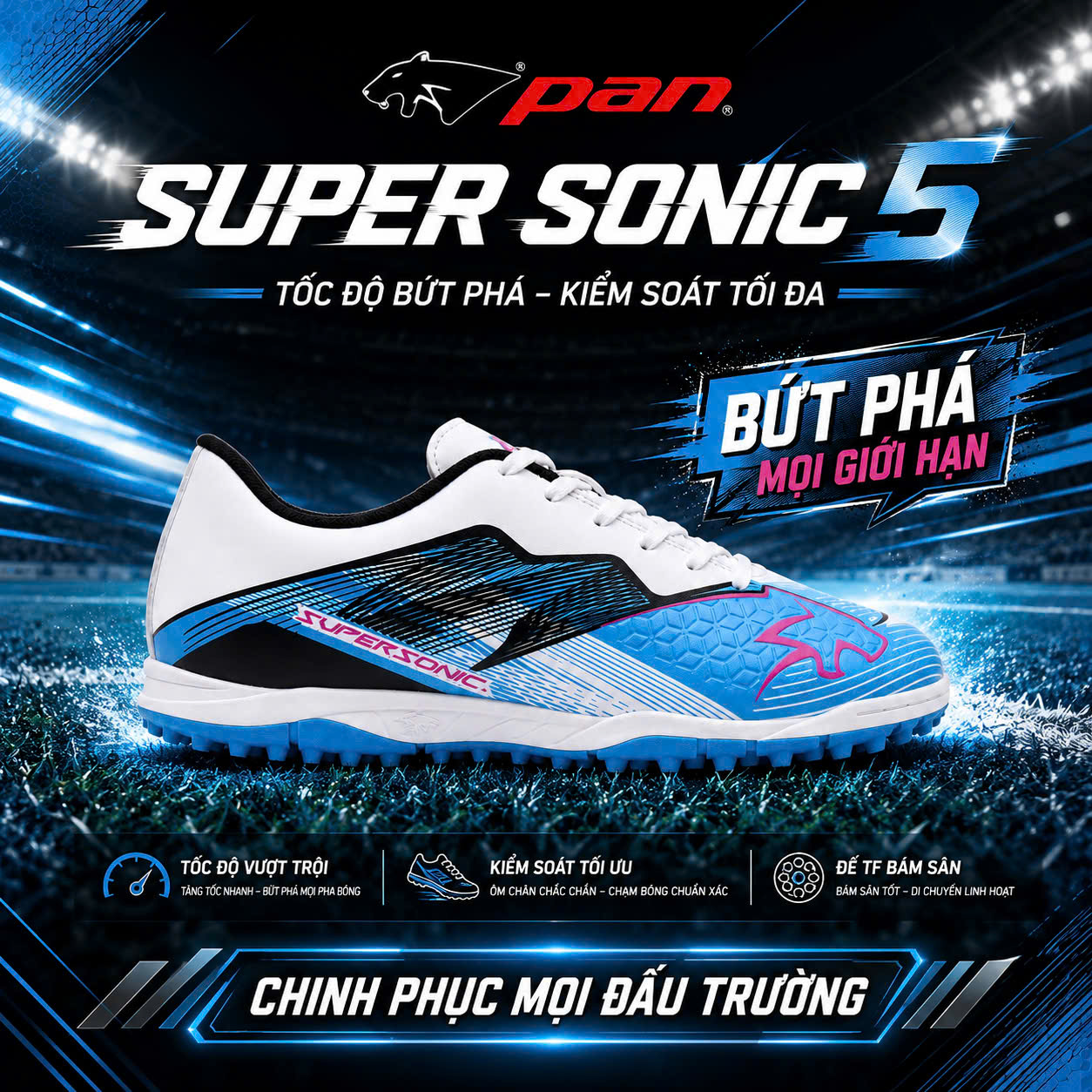 Giày Đá Bóng Pan Super Sonic 5 TF Xanh Trắng