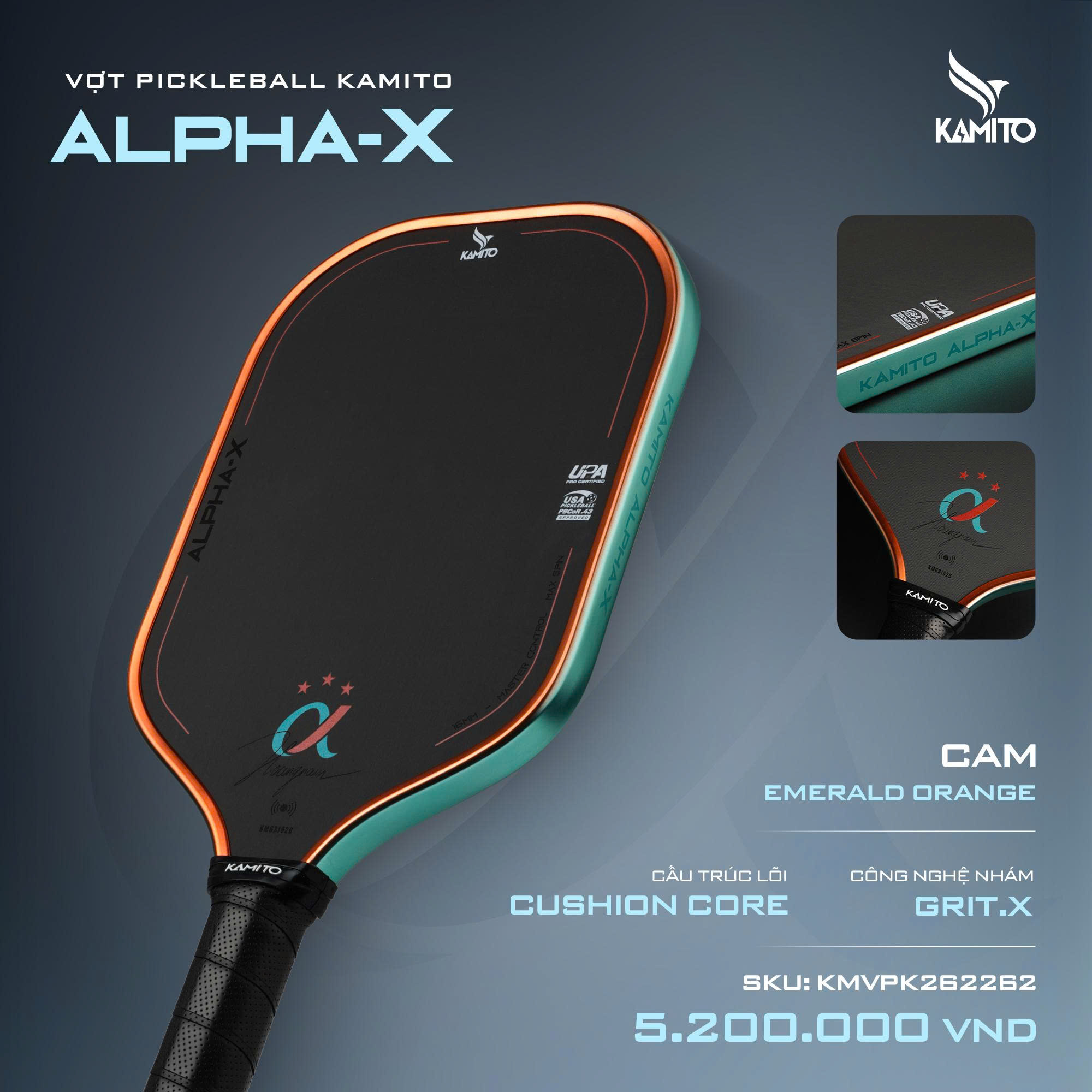 Vợt Pickleball Kamito Alpha X 3 Sao - Cam - 16mm