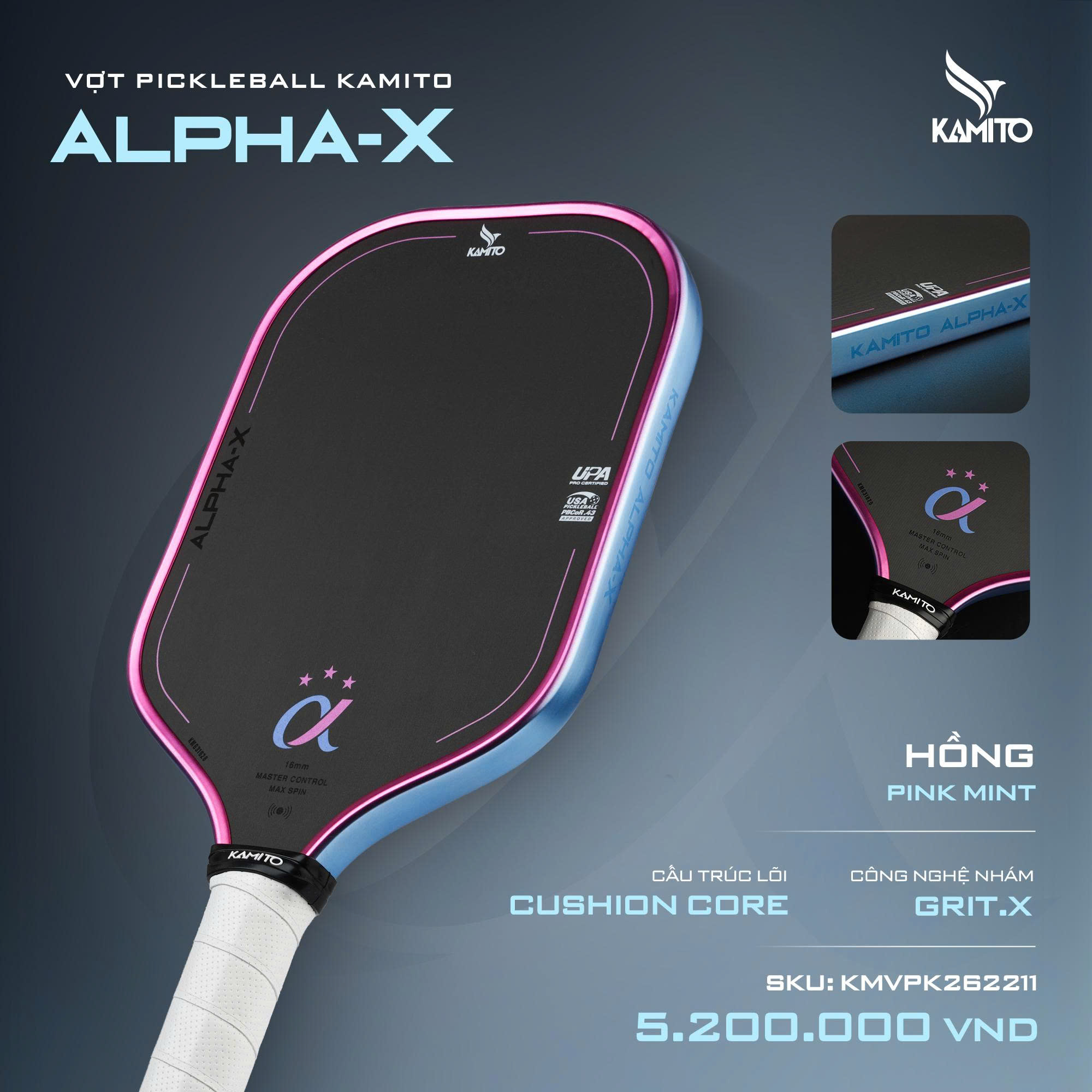 Vợt Pickleball Kamito Alpha X 3 Sao - Hồng - 16mm