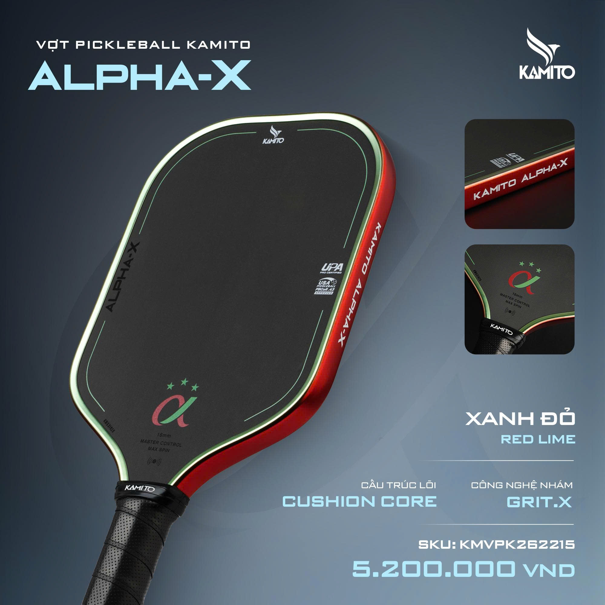 Vợt Pickleball Kamito Alpha X 3 Sao - Xanh Đỏ - 16mm