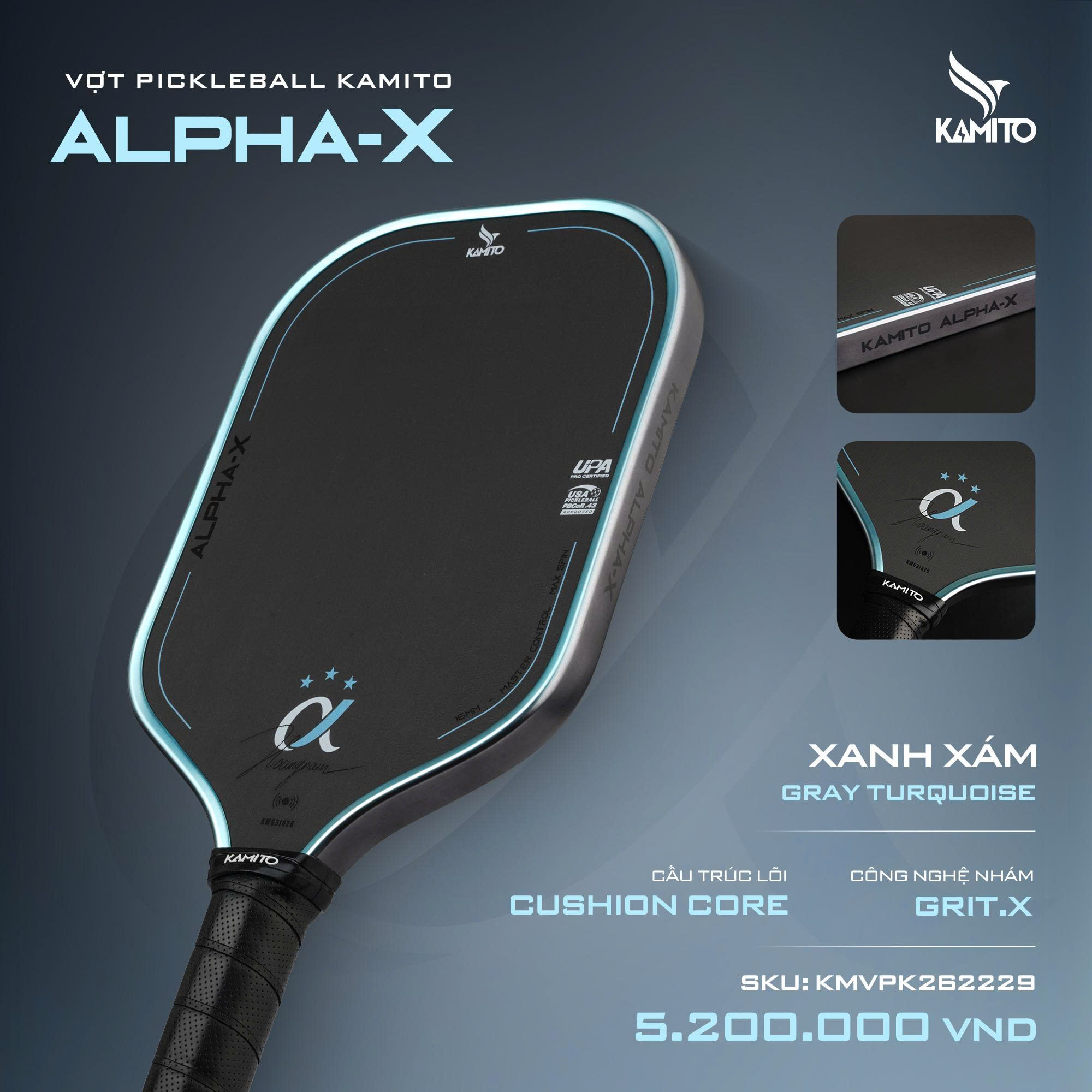 Vợt Pickleball Kamito Alpha X 3 Sao - Xanh Xám - 16mm