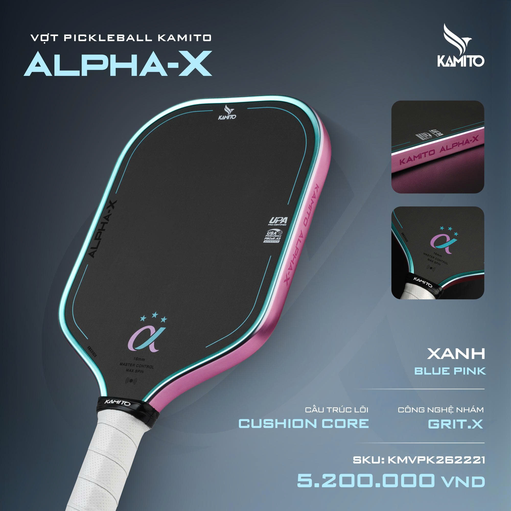 Vợt Pickleball Kamito Alpha X 3 Sao - Xanh - 16mm
