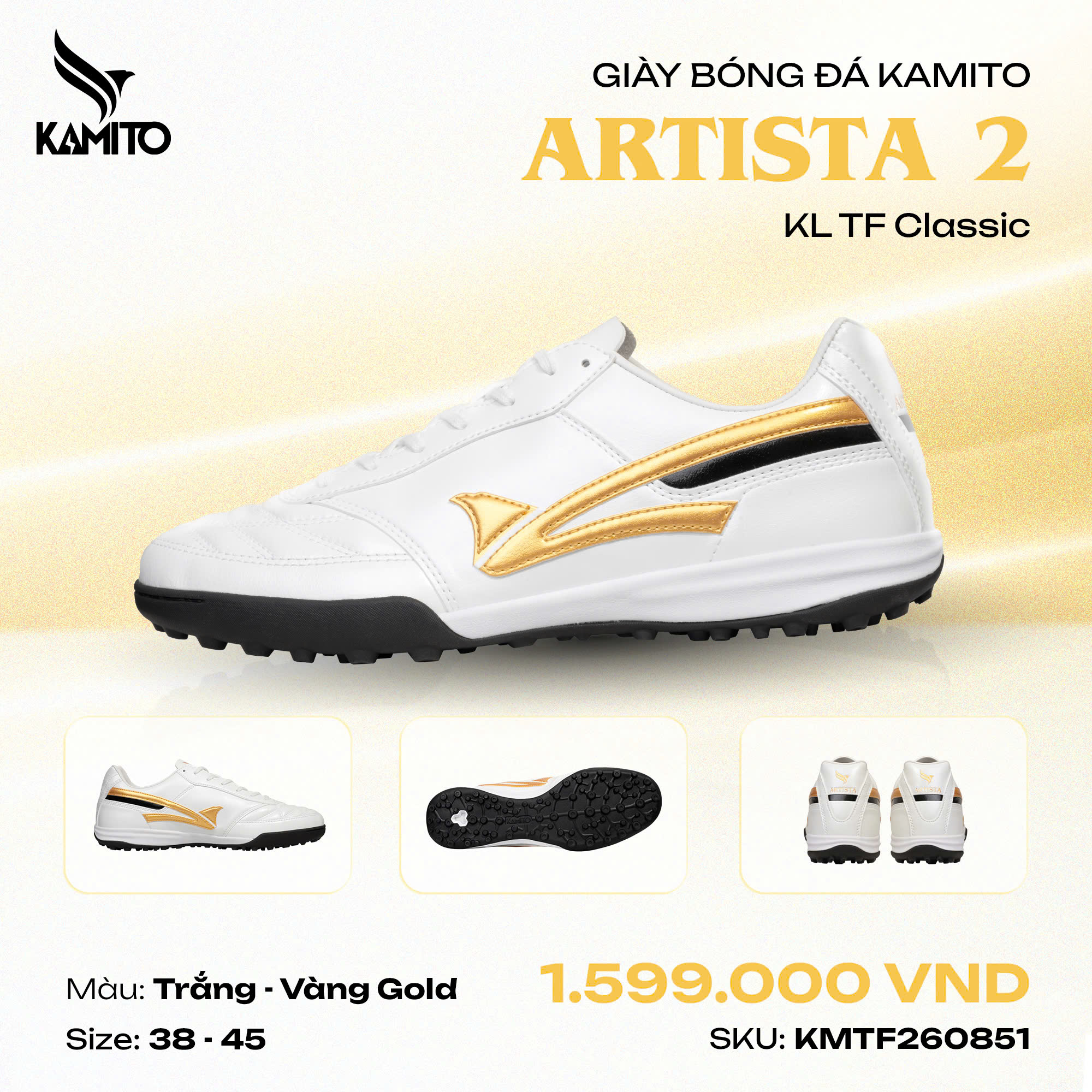 Giày Đá Bóng Kamito Artista 2 KL TF Classic - Trắng Vàng