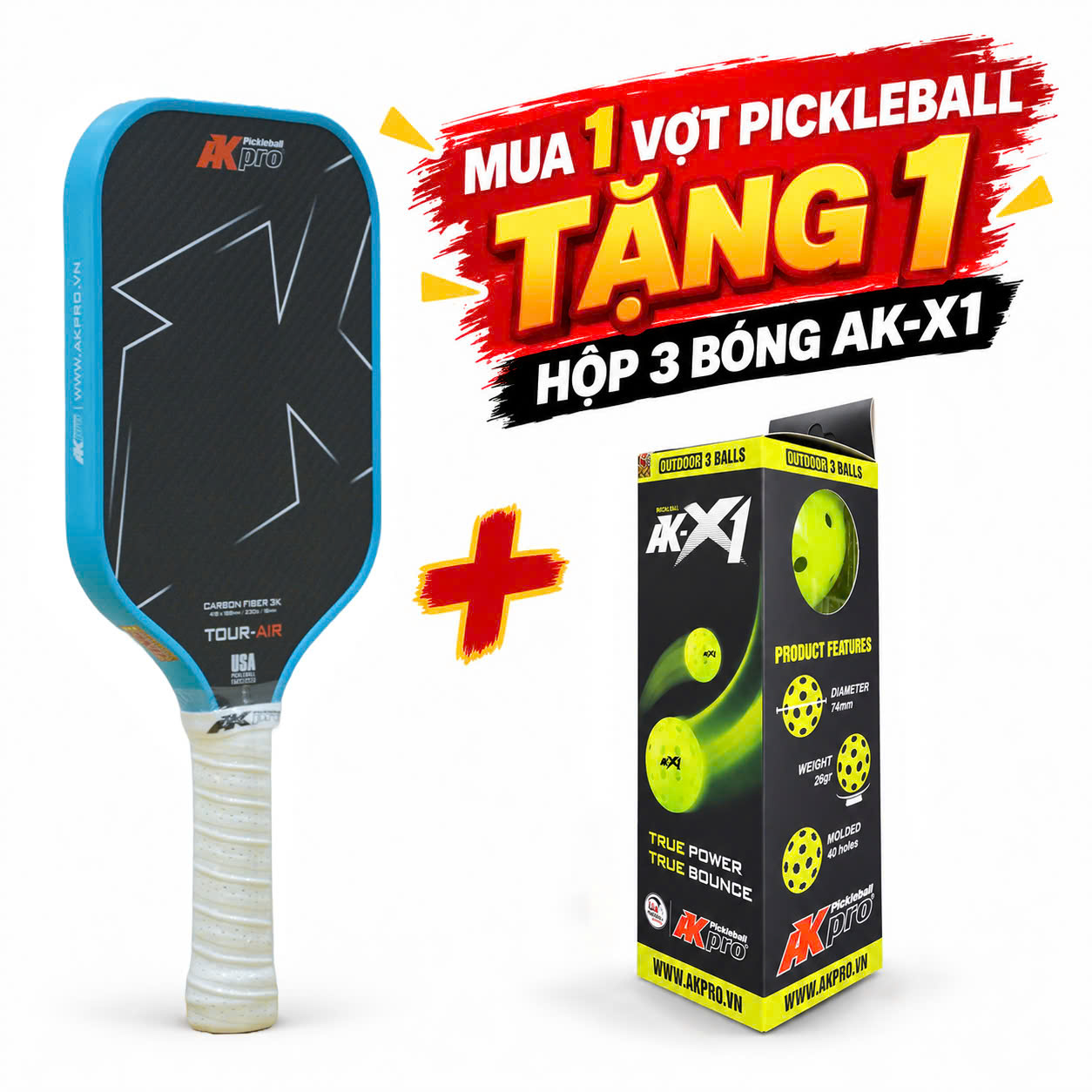 Vợt Pickleball AKpro TOUR-AIR Xanh – Carbon 3K