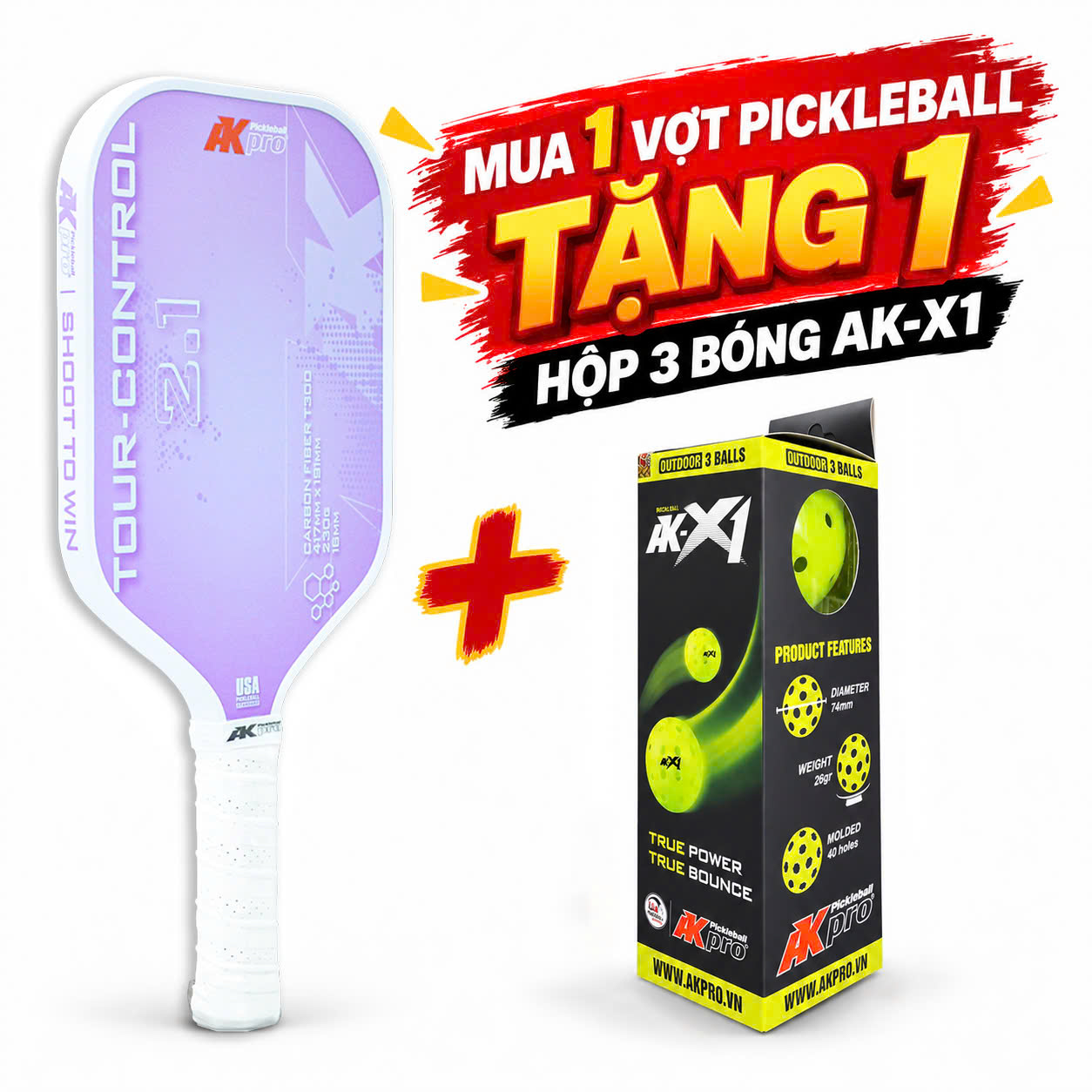 Vợt Pickleball Akpro TOUR-CONTROL 2.1 Carbon T300