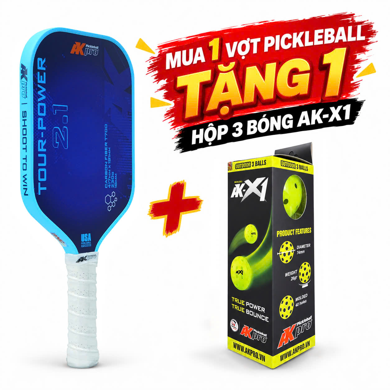 Vợt Pickleball Akpro TOUR-POWER 2.1 – Carbon T700