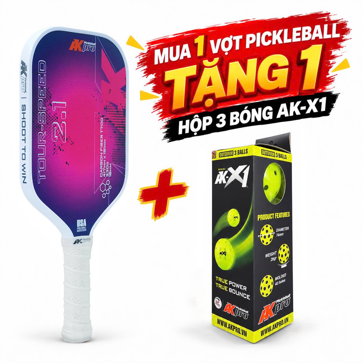 Vợt Pickleball Akpro TOUR-SPEED 2.1 Carbon T700
