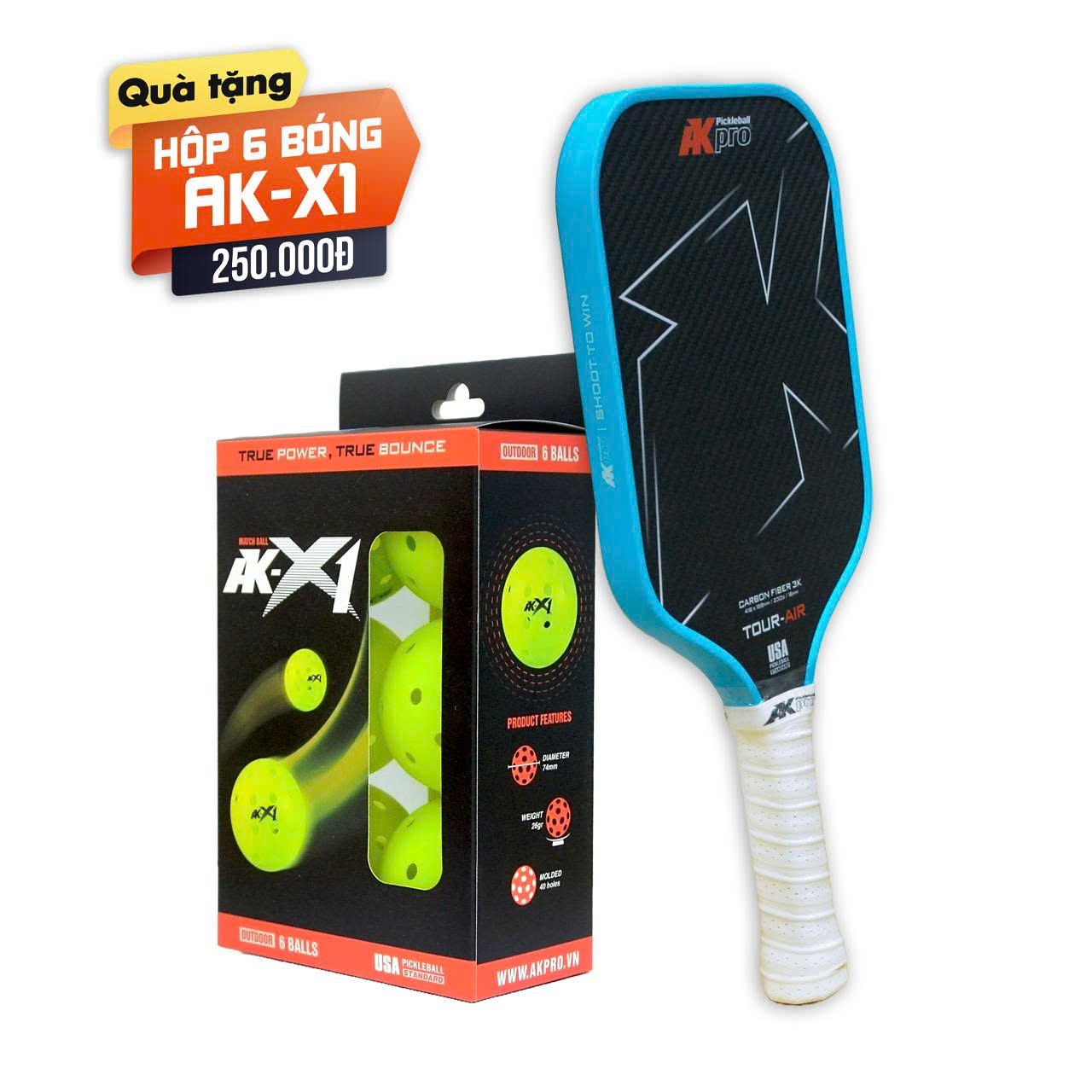Vợt Pickleball AKpro TOUR-AIR Xanh – Carbon 3K