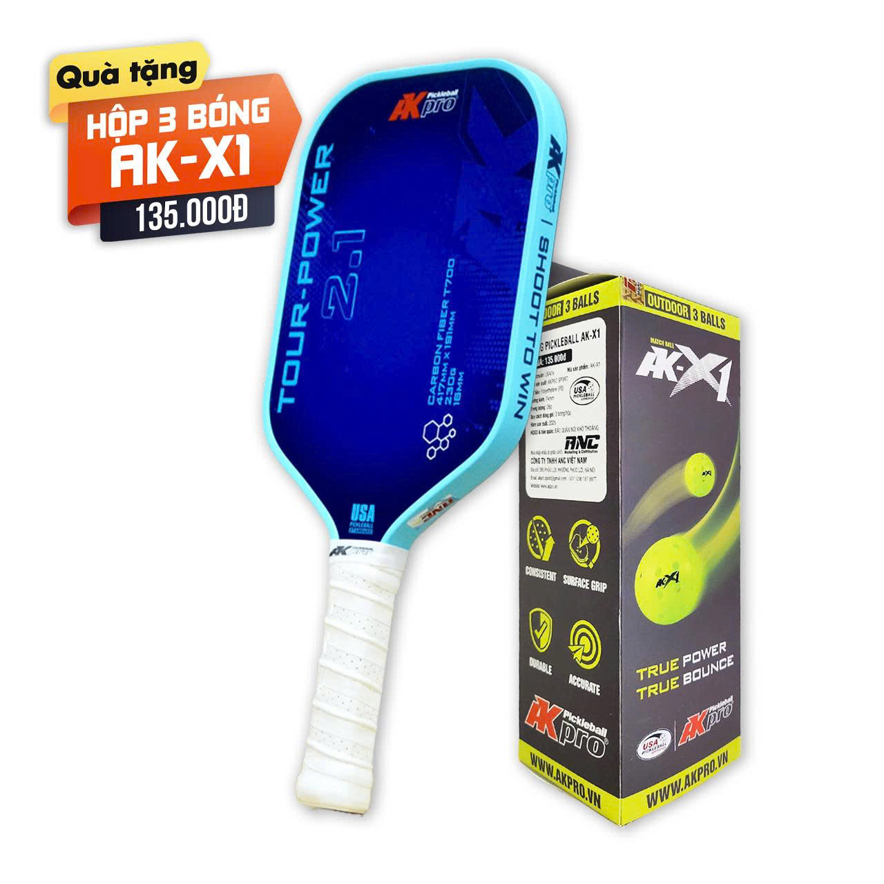 Vợt Pickleball Akpro TOUR-POWER 2.1 – Carbon T700