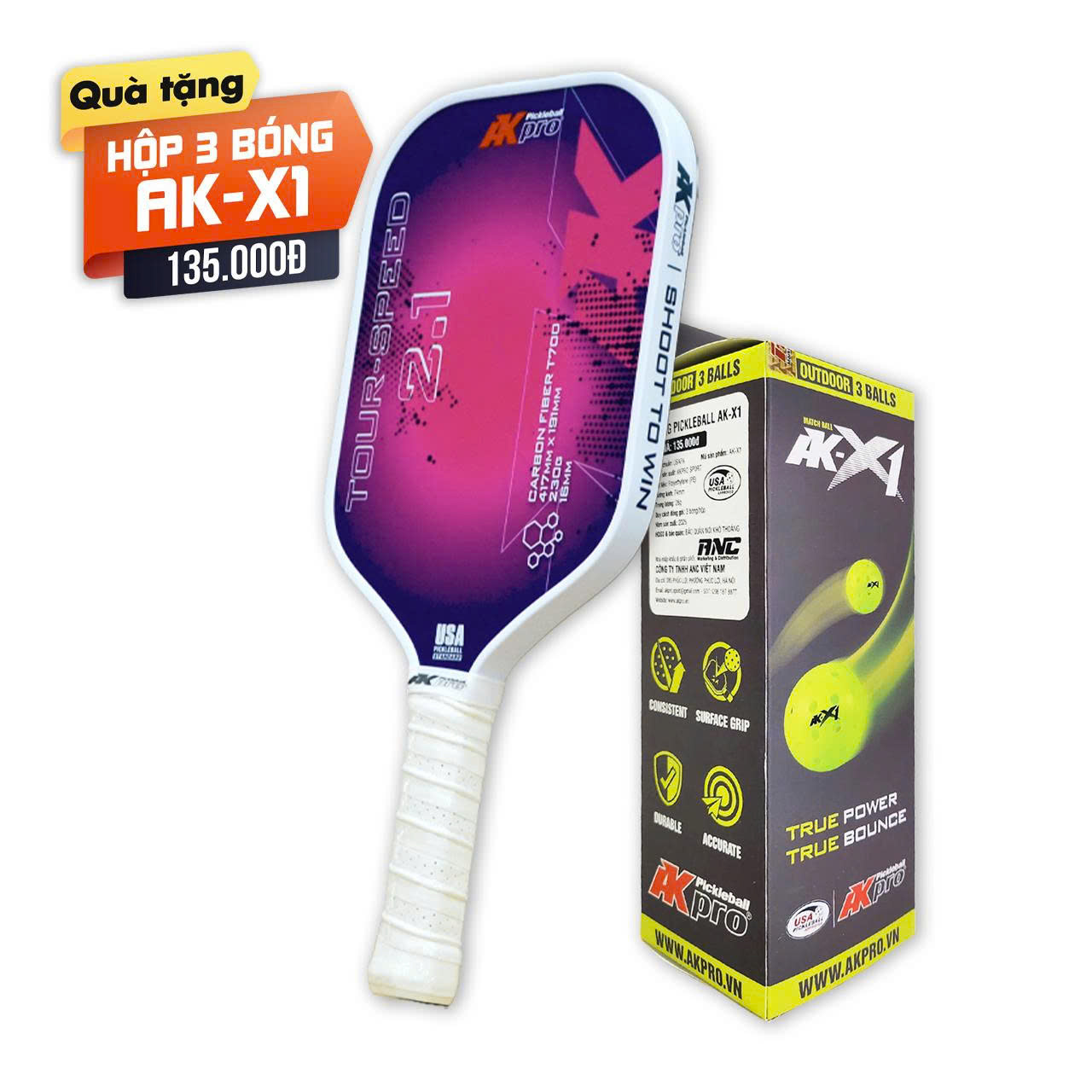 Vợt Pickleball Akpro TOUR-SPEED 2.1 Carbon T700