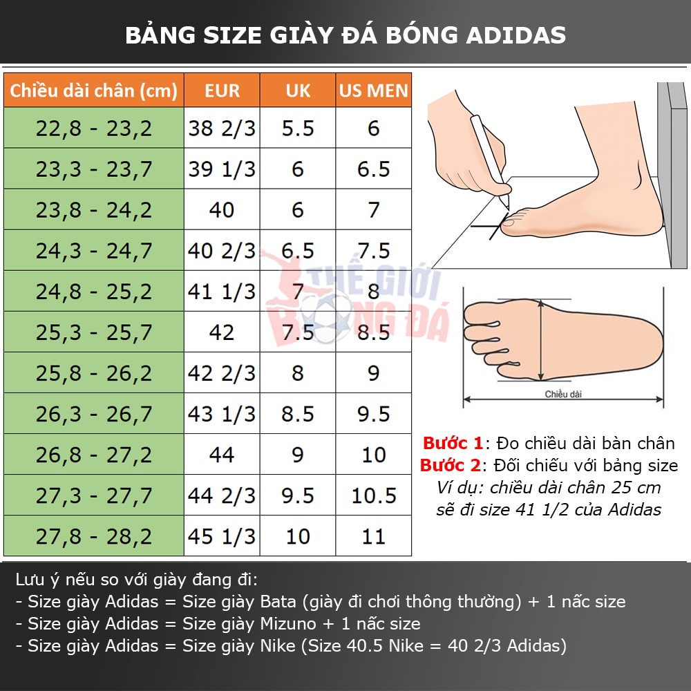 Size giày đá bóng Adidas
