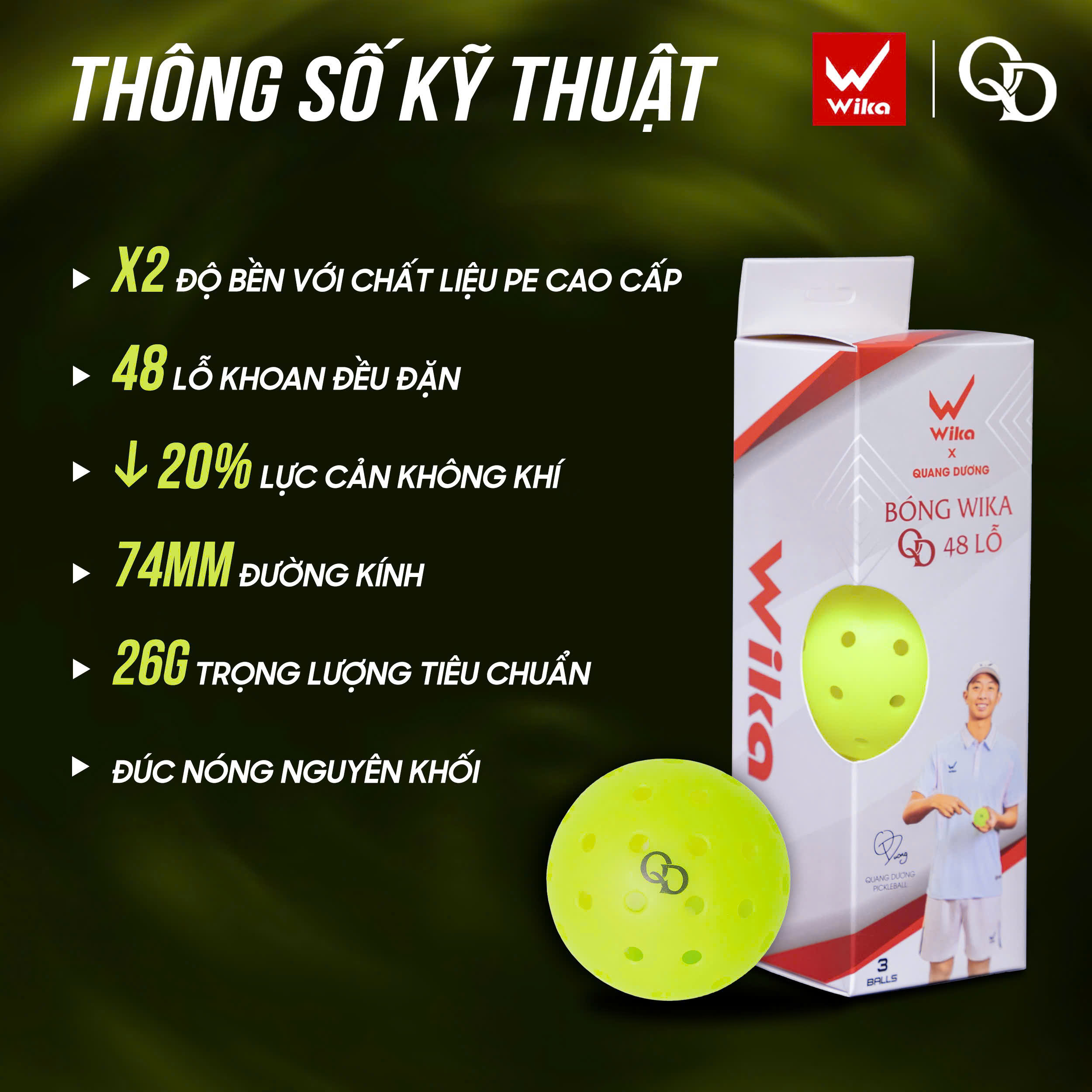 Bóng Pickleball cao cấp Wika QD 48 Lỗ | Hộp 3 Quả