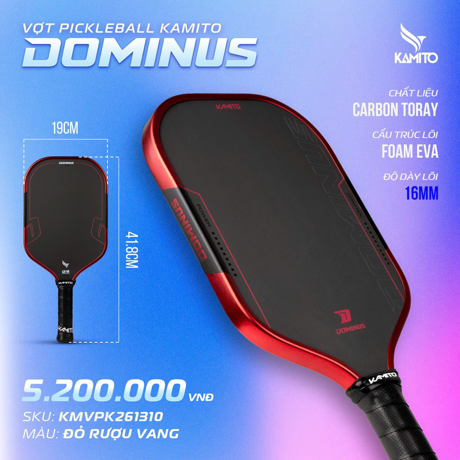 Vợt Pickleball Kamito Dominus 16mm - Đỏ Rượu Vang