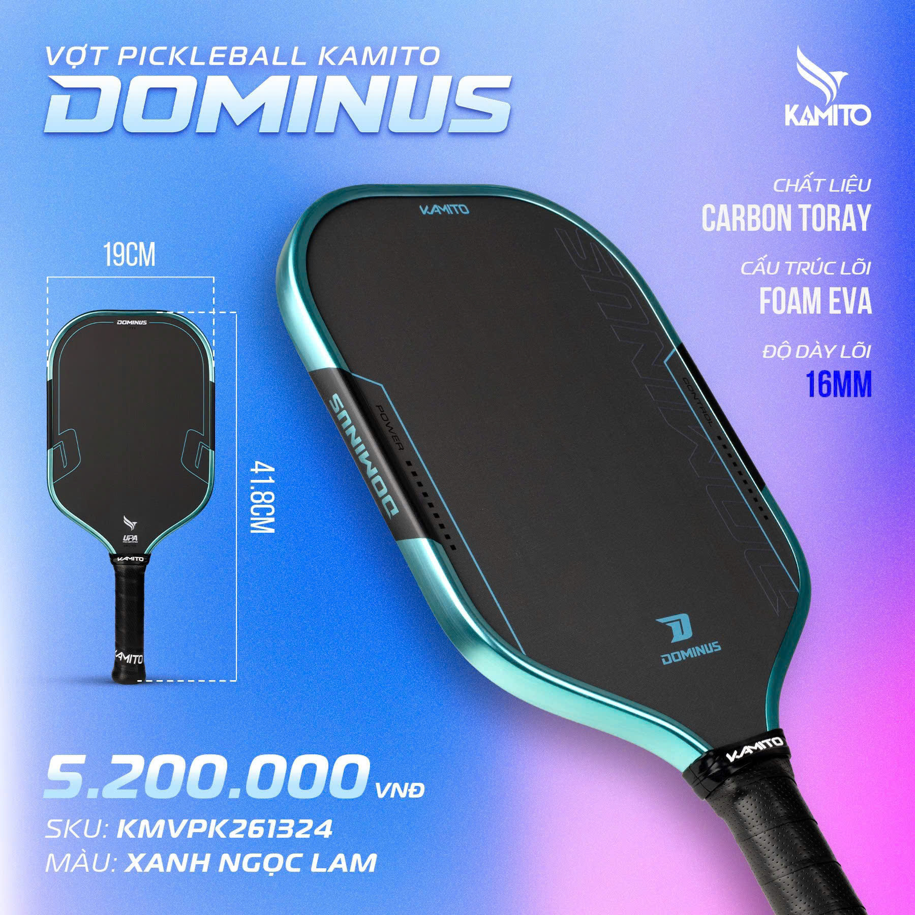 Vợt Pickleball Kamito Dominus 16mm - Xanh Ngọc Lam