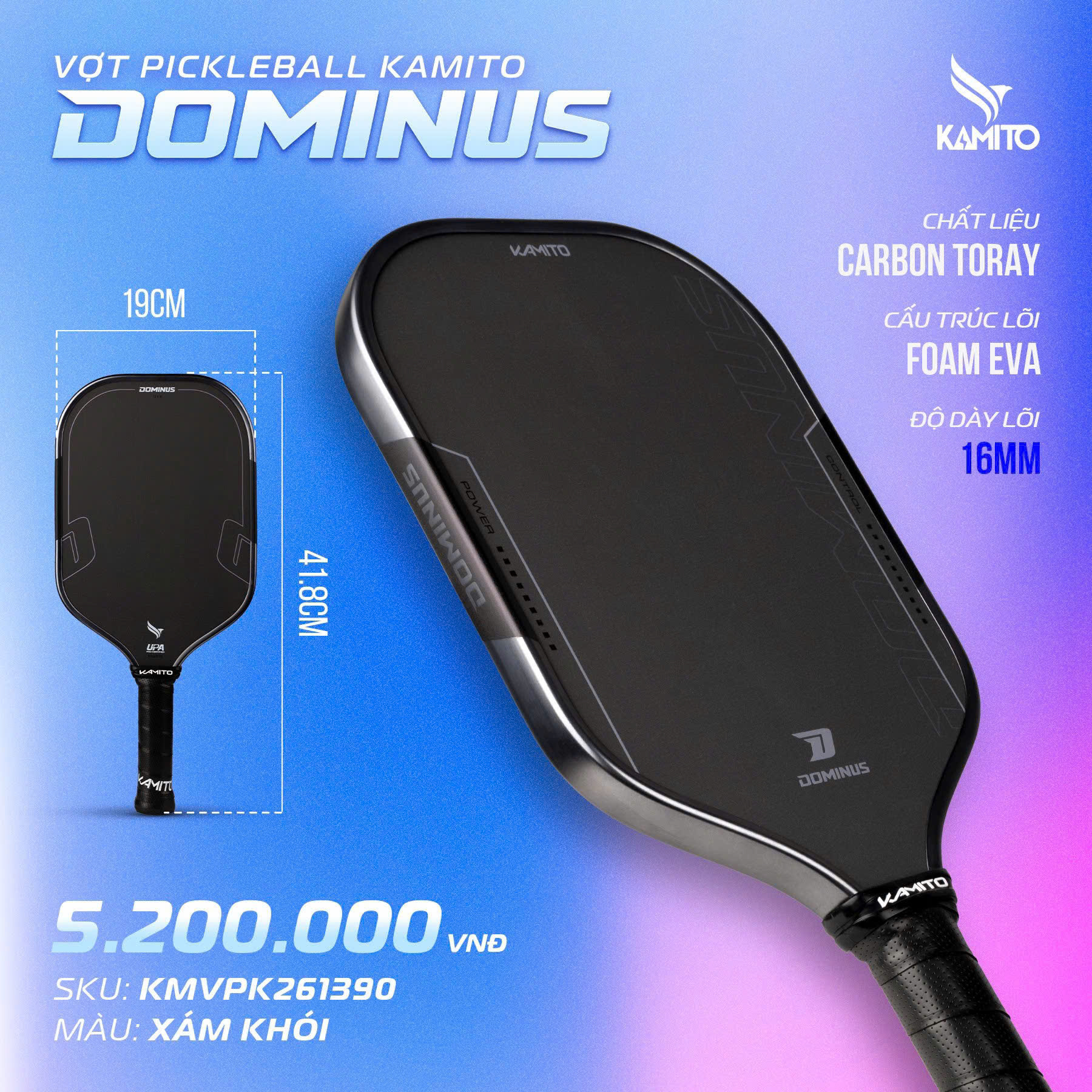 Vợt Pickleball Kamito Dominus 16mm