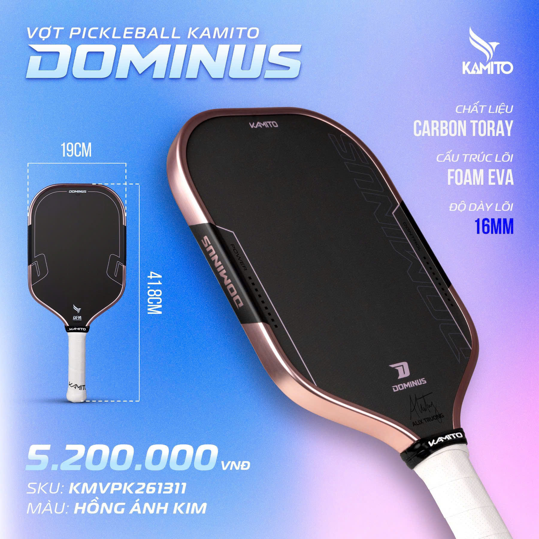 Vợt Pickleball Kamito Dominus 16mm - Hồng Ánh Kim