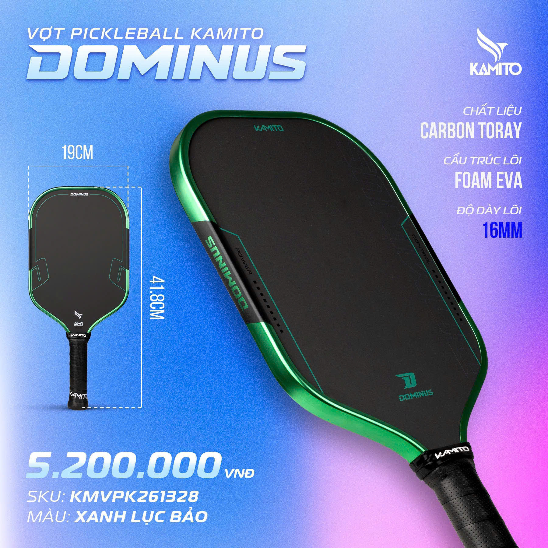 Vợt Pickleball Kamito Dominus 16mm - Xanh Lục Bảo