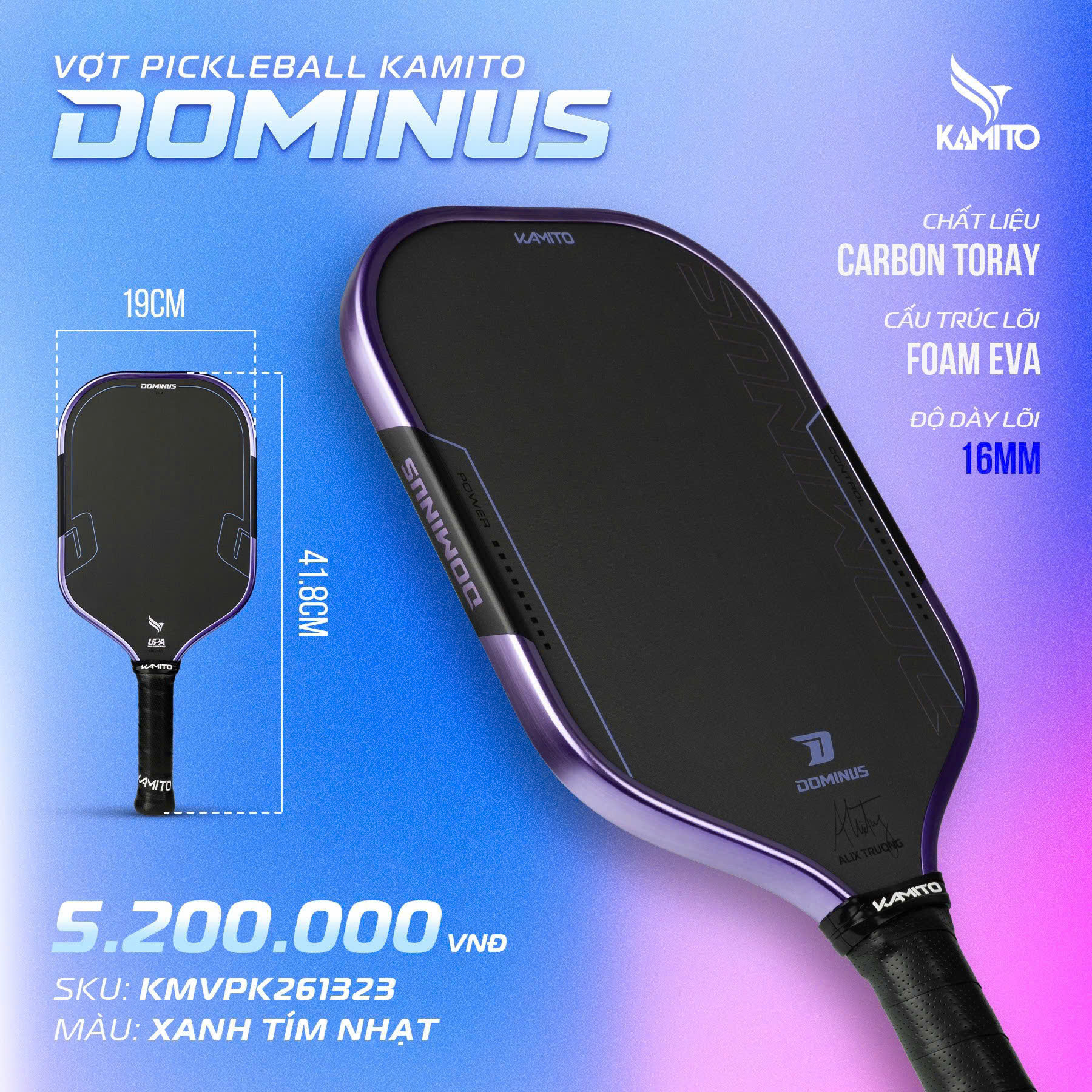 Vợt Pickleball Kamito Dominus 16mm