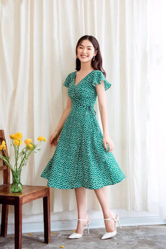 Đầm xòe hoa nhí tùng váy xếp ly HL23-12 | Thời trang công sở K&K Fashion