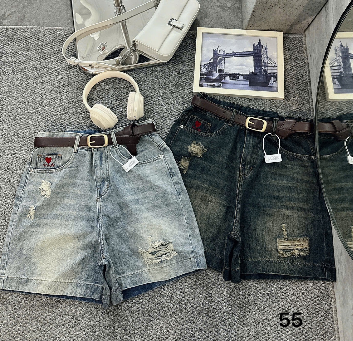 Quần short jean lửng rách thêu trái tim bigsize QSJ55 dành cho nàng từ 55-90kg