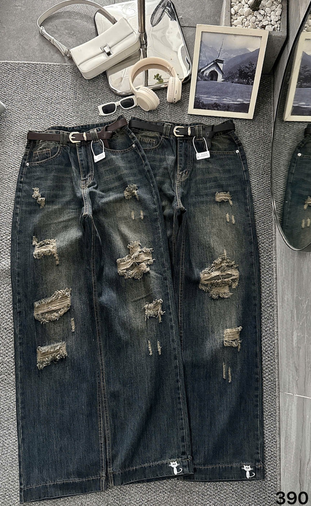 BIGSIZE-Quần suông rách thuê mèo T-QJ390