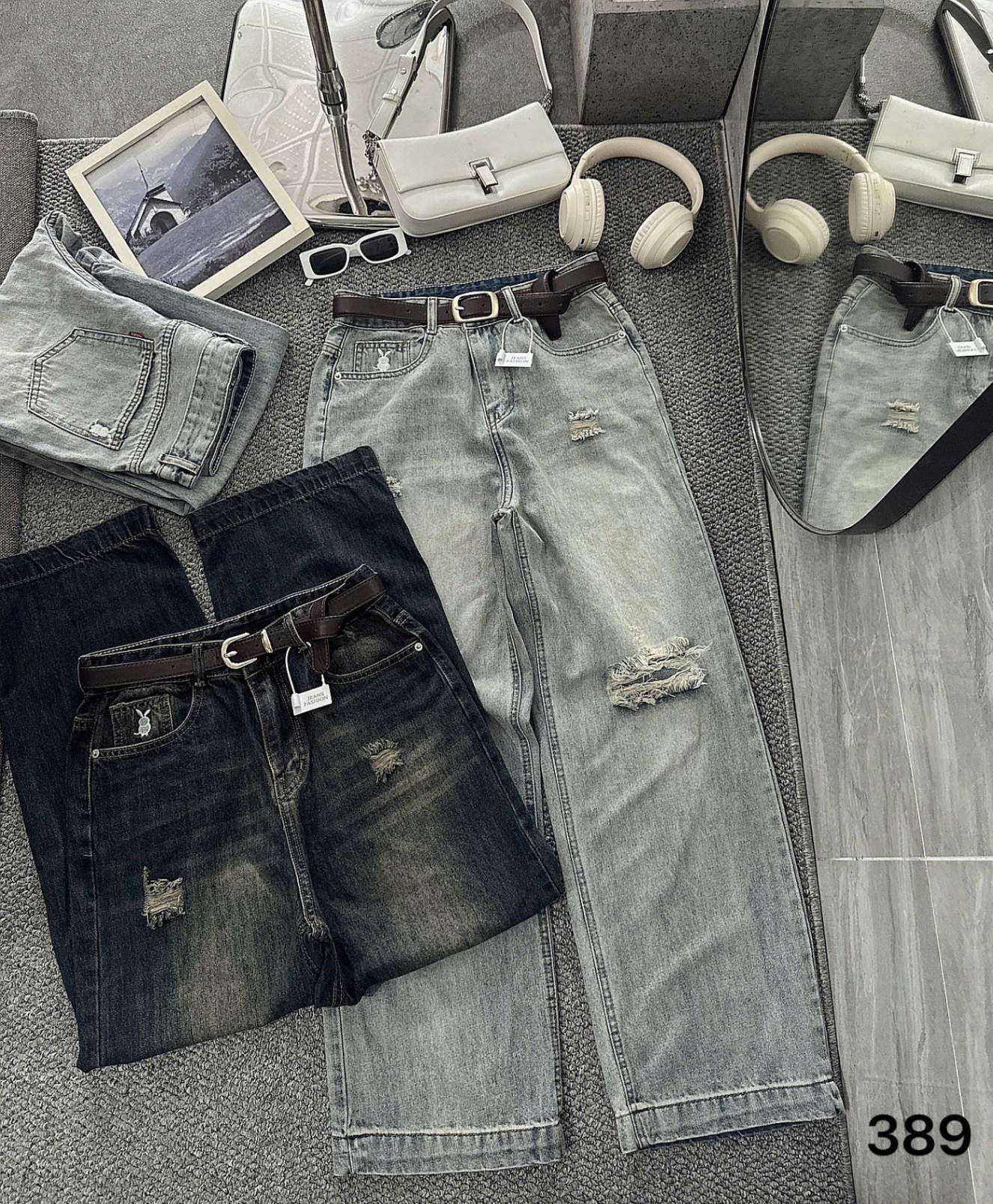 BIGSZE- Quần jean suông thêu thỏ rách T- QJ389