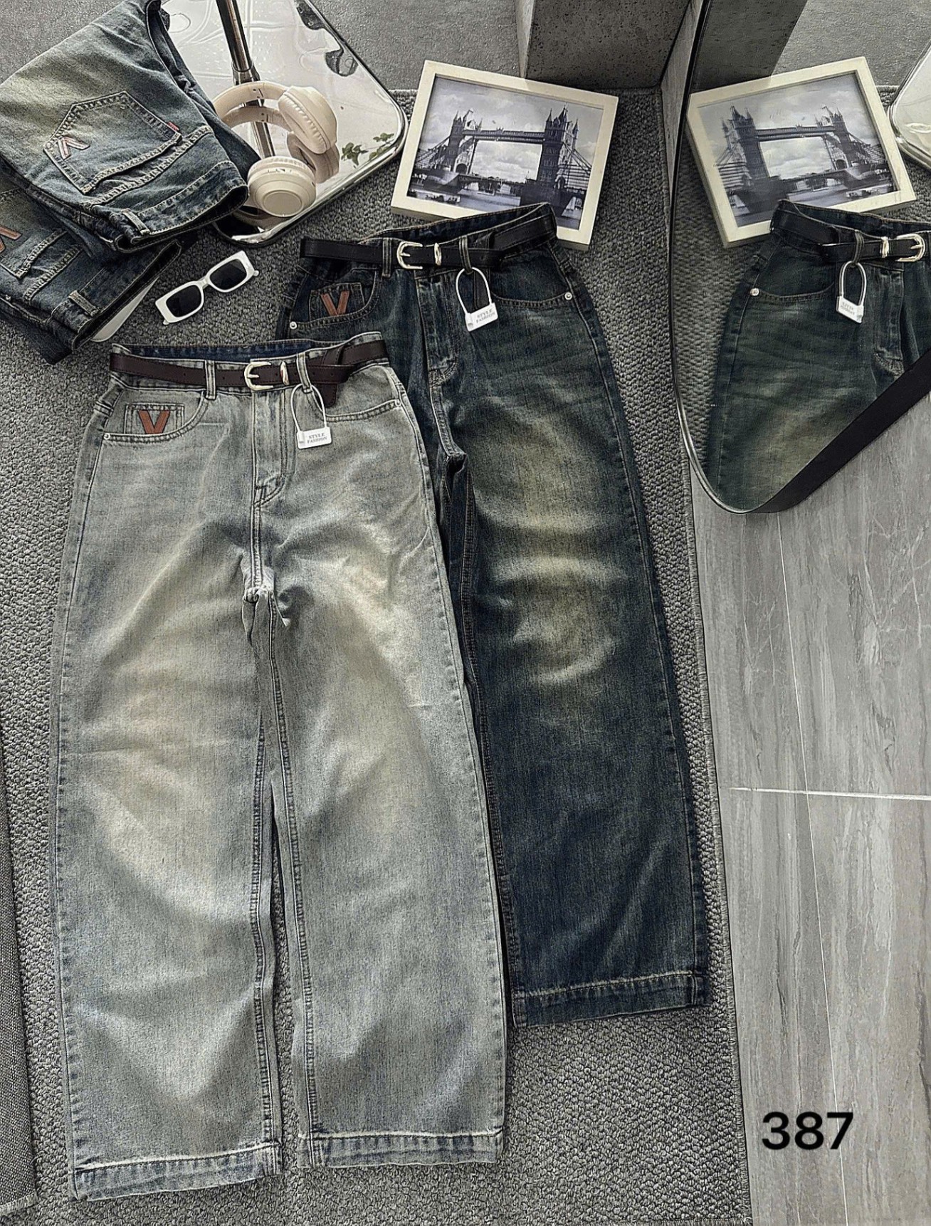 BIGSIZE- Quần jean suông thêu V T-QJ387