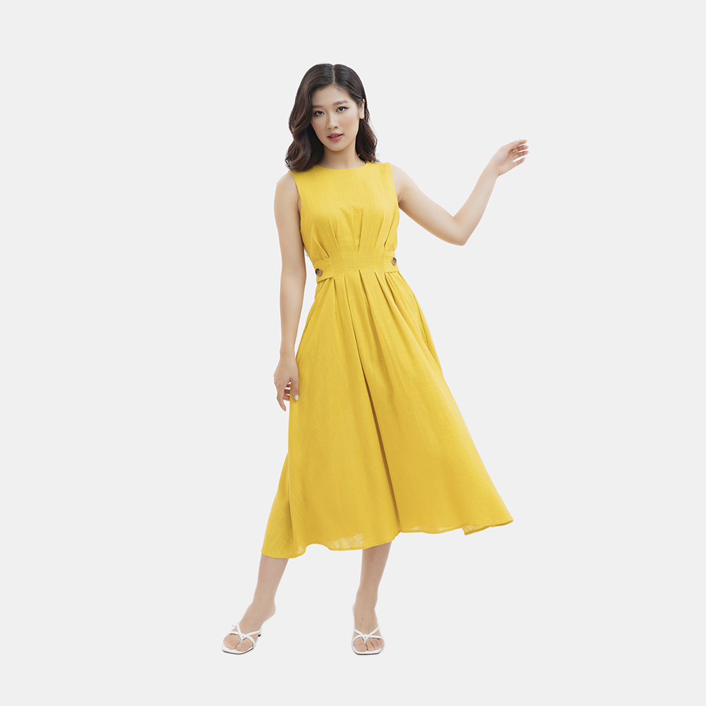 Đầm nữ cổ V buộc dây thân dưới nhún xoè rộng hở lưng thân sau thiết kế thoáng mát, không nhăn SPEARL - 22LF6896054