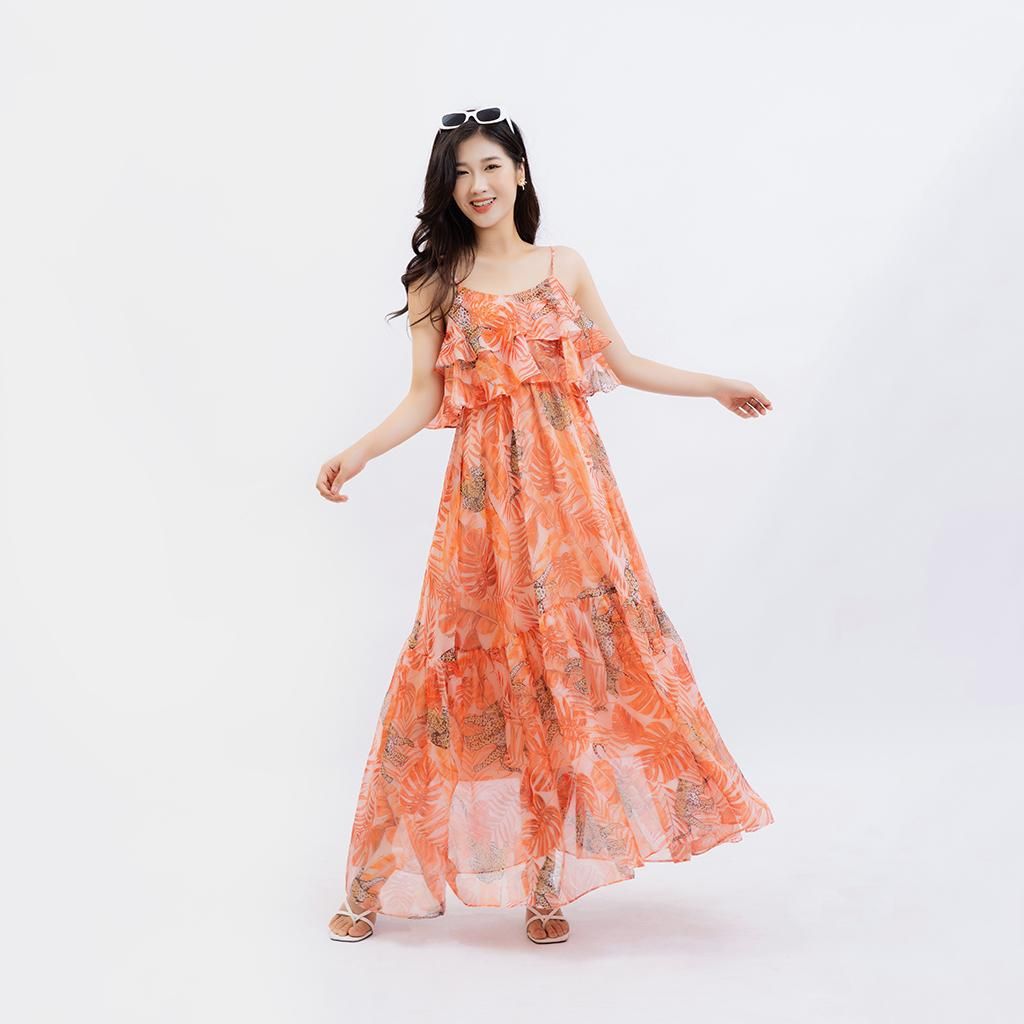 Đầm nữ hai dây, thân trên xoè 2 tầng, nhún eo SPEARL - 22LF6896058