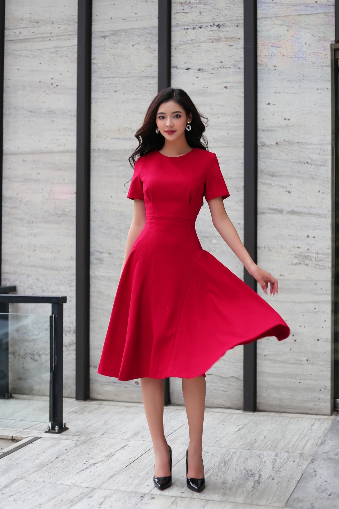 Đầm xòe tùng váy nhún tay lỡ KK115-37 | Thời trang công sở K&K Fashion