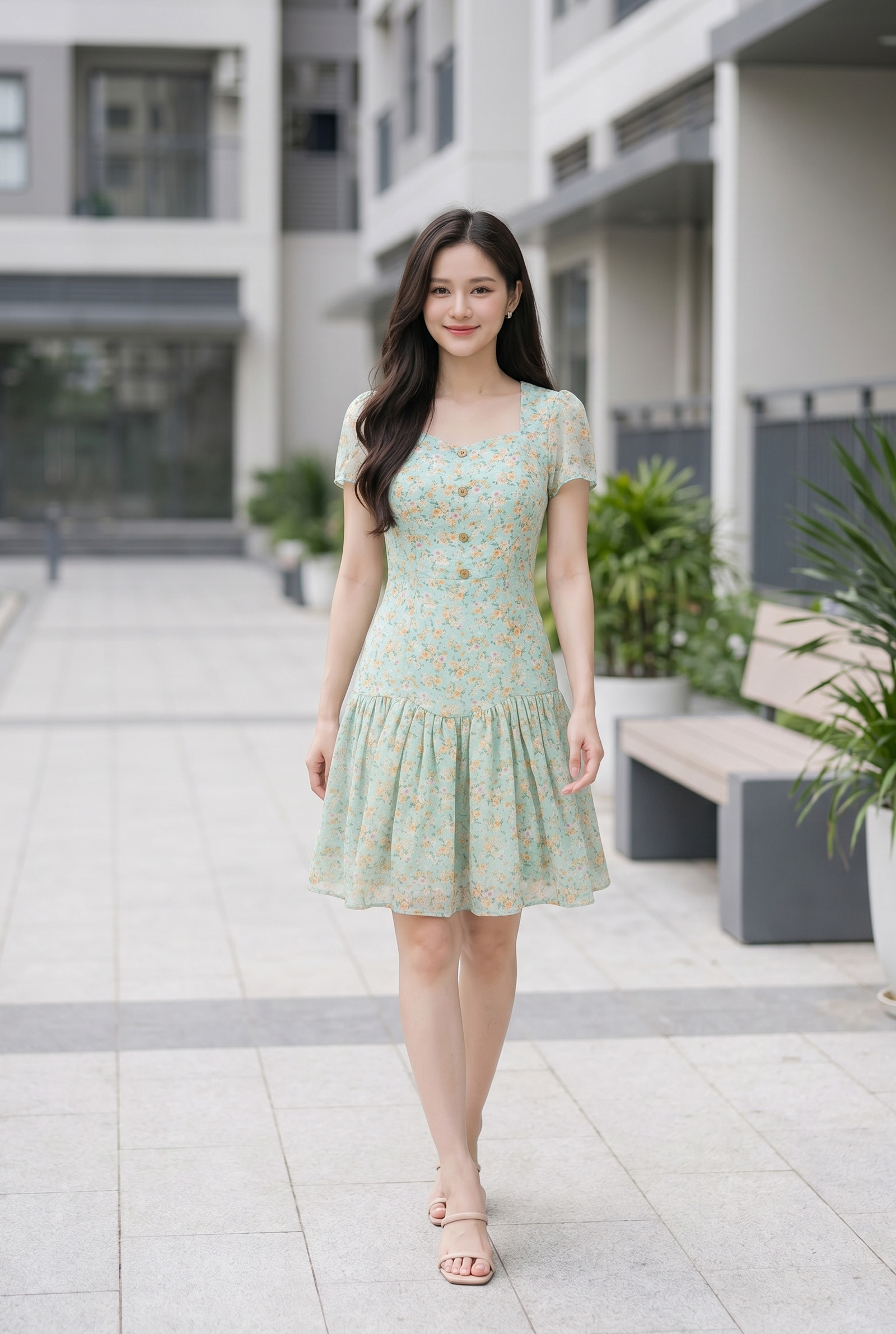 FOREVER YOUNG-H23-Đầm xòe cổvuôngnữ S-XL TP:100% Polyester