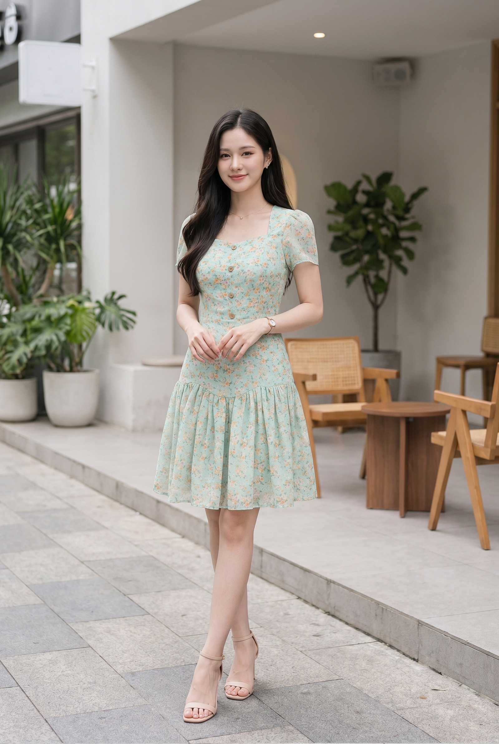 FOREVER YOUNG-H23-Đầm xòe cổvuôngnữ S-XL TP:100% Polyester