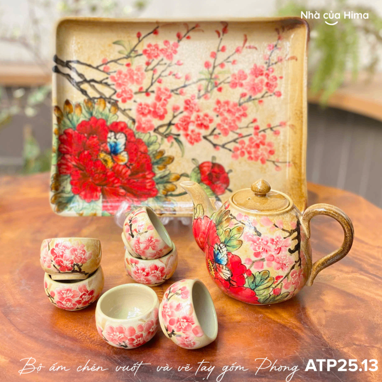 Bộ ấm trà gốm vẽ tay bởi nghệ nhân Phong ATP25.13