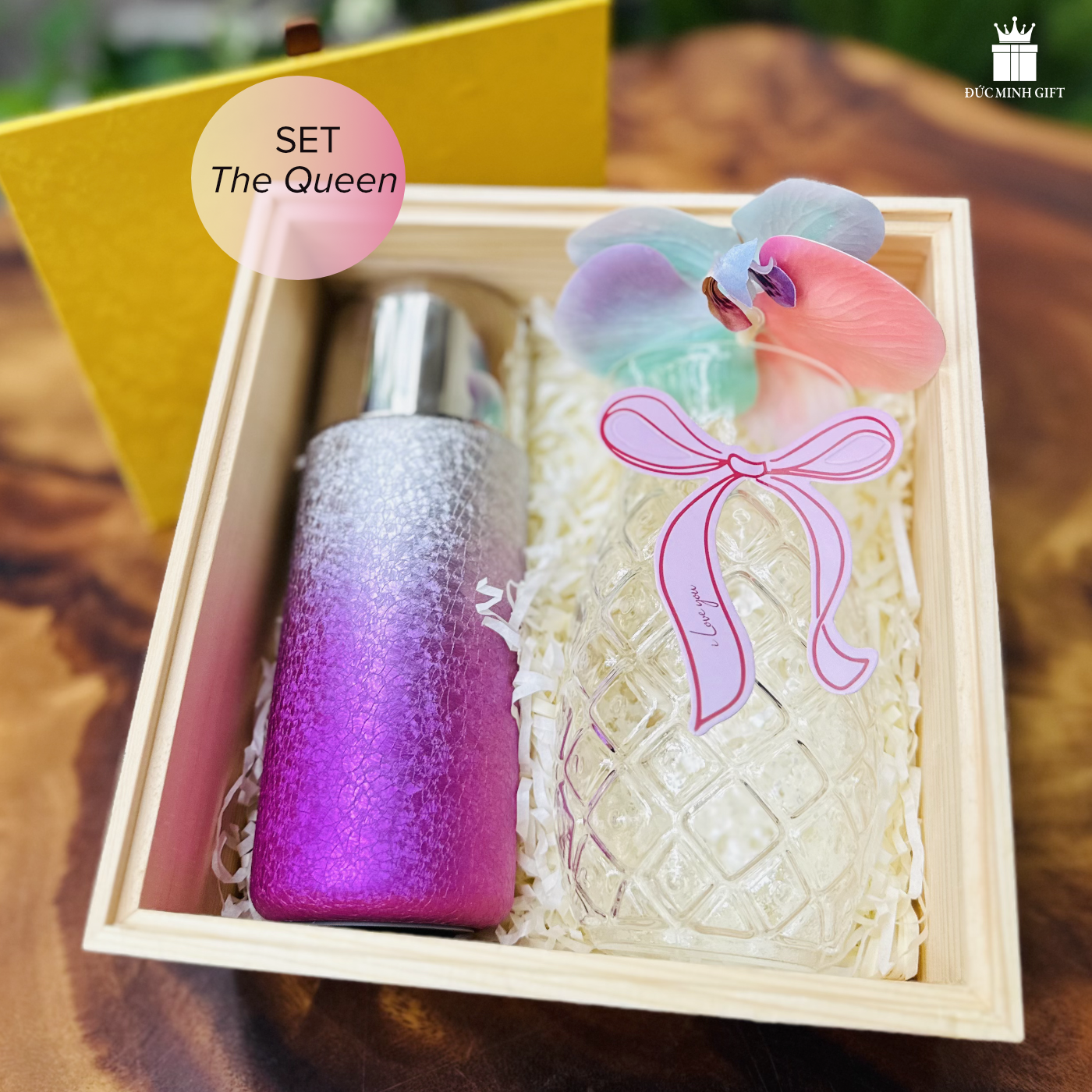 Bộ quà tặng The Queen nữ hoàng băng gía bình giữ nhiệt gradient trắng tím 350ml